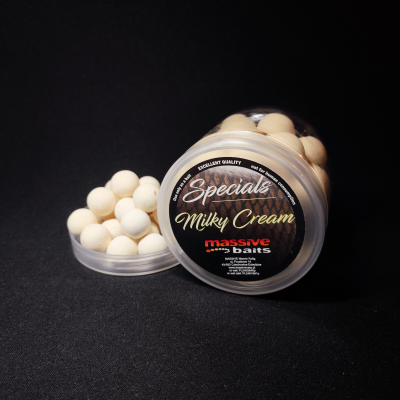 Massive Baits Pop-Up, Milky Cream 18mm, śmietankowe kulki pływające, słodkie pop-upy na karpia, kulki o zapachu lodów, Massive Baits Special Pop-Ups, przynęta na amura śmietankowa, kulki do bałwanków, ręcznie robione kulki proteinowe
