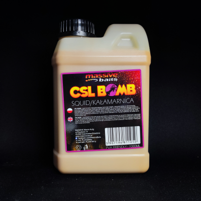 Massive Baits CSL Boomb, liquid Squid karpiowy, booster kałamarnica, CSL do kulek ECO, zalewa Squid do kukurydzy, Corn Steep Liquor karp, płynny atraktor karpiowy, dopalacz do pelletu kałamarnica, Massive Baits 1L CSL, PVA Friendly liquid.