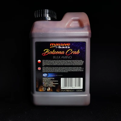 Massive Baits Bulk Amino, Bolsena Crab zalewa, Amino Glug krab, booster aminokwasowy, hydrolizat z łososia zalewa, Robin Red płynny, dip do kulek 1000ml, dopalacz do PVA, Massive Baits 1L krab