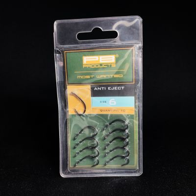PB Products Anti Eject, haki karpiowe rozmiar 6, haczyki nie do wyplucia, DBF Dull Black Finish, akcesoria karpiowe PB Products, haczyki teflonowe matowe, haki z wygiętym trzonkiem, mocne haki na karpia, przypony KD Rig