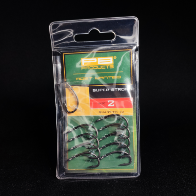 PB Products Super Strong, mocne haki karpiowe rozmiar 2, haczyki teflonowe DBF, Super Strong Hook 2, akcesoria karpiowe PB Products, haki do Blow Back Rig, haczyki na duże karpie, Dull Black Finish hooks, wytrzymałe haki karpiowe