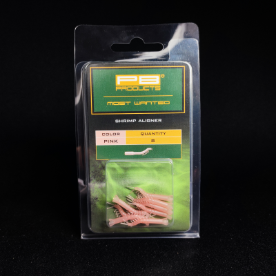 PB Products Shrimp Aligner, pozycjoner haka krewetka, Shrimp Aligner Pink, line aligner karpiowy, akcesoria karpiowe PB Products, imitacja krewetki na hak, mechanika przyponu karpiowego, różowy pozycjoner haka, biżuteria karpiowa.