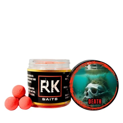 pop-up Death, RK Baits 15mm, czerwone kulki pływające, aromat padlina, śmierdzące kulki karpiowe, pop-up fluo, przynęta na karpie i amury, bałwanki karpiowe..webp