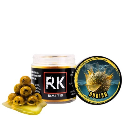 Durian RK Baits, kulki durian, śmierdzące kulki owocowe, przynęta do metody 12mm, hookersy w zalewie, RK Baits Burn 12mm, kulki czosnkowe karp.webp