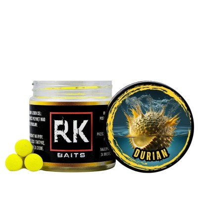pop-up durian, RK Baits pływające, żółte kulki fluo, aromat czosnek owoc, pop-up 12mm, śmierdzące kulki owocowe, przynęty do metody, RK Baits Durian 12mm.webp