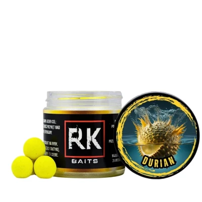 pop-up durian, RK Baits 15mm, żółte kulki pływające, aromat czosnek owoc, śmierdzące kulki owocowe, pop-up fluo, przynęta na duże karpie, bałwanki karpiowe.webp
